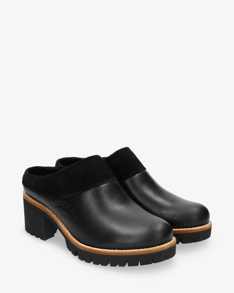 Priana Igloo zueco de piel con forro interior de pelo natural. negro